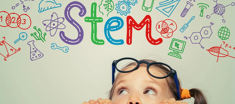 Illustration of STEM concepts with a child looking up at the word STEM surrounded by science and technology icons